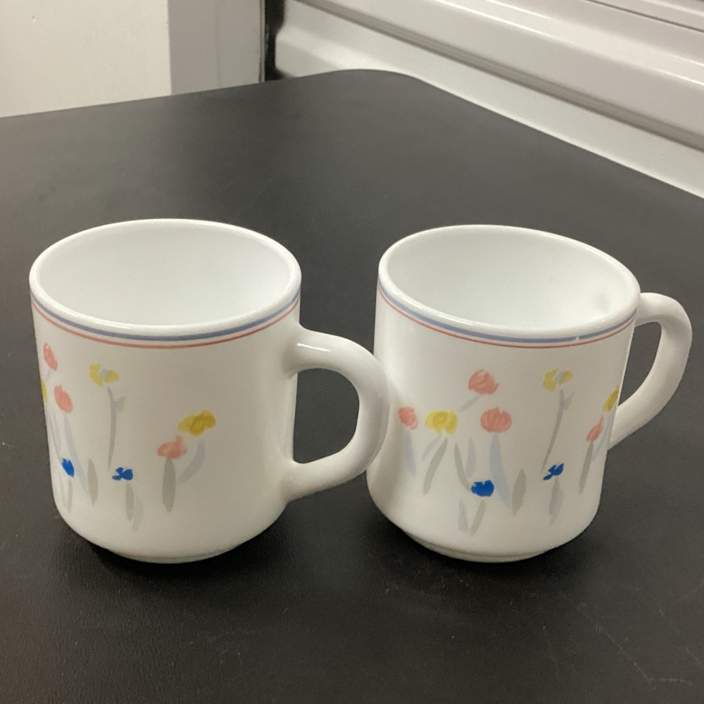 Charming Floral White Arcopal “Pastoral” Diccontinued 1950-1959 coffee mugs